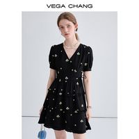 VEGA CHANG连衣裙女2024年夏季小个子高级气质法式刺绣小黑裙