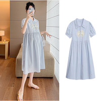 苒祺祺 孕妇连衣裙夏2024新款蓝色新中式国风宽松时尚减龄薄款短袖中长款 蓝色 L