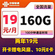 中国联通 光芒卡 2-24个月19元月租（160G全国流量+100分钟通话）开卡赠10元E卡+电风扇