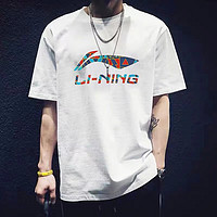 李宁（LI-NING）短袖男夏季潮流t恤轻薄圆领简约时尚运动印花大logo休闲透气上衣 标准白 2XL