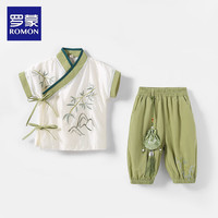 罗蒙男童汉服套装夏季2024儿童古装中小童唐装毕业演出服夏装 绿色 【上衣+裤子】 90