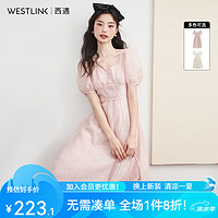 西遇（Westlink）法式连衣裙女2024年夏季方领收腰中长款茶歇温柔系公主裙 粉色 S