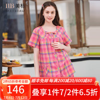 美标 MEIBIAO纯棉睡衣女夏季短袖全棉质贡缎可外穿格子家居服两件套装 玫红