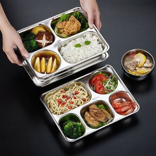 今万福304不锈钢餐盘 食堂成人分格餐盘D款五格加厚深盘单位打饭盘无盖 D款五深盘