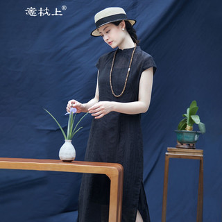 意枕上2024旗袍连衣裙夏季亚麻棉提花双襟小立领改良旗袍裙女 L 106-115斤 黑色