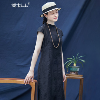 意枕上2024旗袍连衣裙夏季亚麻棉提花双襟小立领改良旗袍裙女 L 106-115斤 黑色