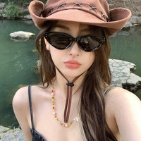 槿城西部牛仔帽子女防晒遮阳帽美式复古户外露营大檐辣妹登山帽YF45 辣妹棕 M(56-58cm)