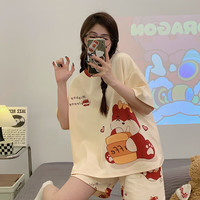 婧麒(JOYNCLEON)家居服开衫短袖长裤套装女士宽松睡衣透气舒适家居外出 小福龙Jsy145566 L码