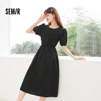 森马 Semir连衣裙女泡泡袖收腰甜美风夏季 法式高级气质百搭小黑裙