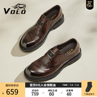 VOLO犀牛凉皮鞋2024夏季镂空皮鞋男商务冲孔鞋真皮透气大头正装鞋 棕色 （套脚镂空） 夏季款 43