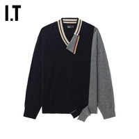 IT kolor男装V领针织衫复古学院风解构感拼接薄毛衣N01301ML