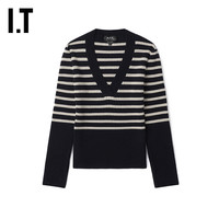 IT A.P.C.女装V领条纹针织衫时尚简约修身拼色薄毛衣F23293XM