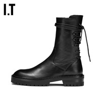 IT Ann Demeulemeester女款中筒靴时髦街头后系带皮靴12380J