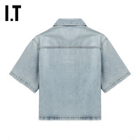 IT HAIKURE女装宽松短袖牛仔衬衫个性潮流水洗磨白上衣0836XM