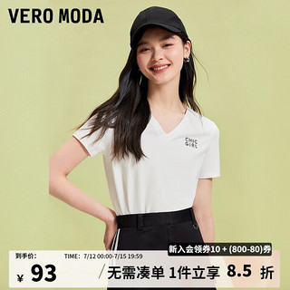 VEROMODAT恤女2024早春学院风字母印花V领修身罗纹上衣短袖女 S85本白色 155/76A/XS