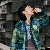 it fingercroxx女装格纹针织开衫休闲秋冬时尚学院风00349XL