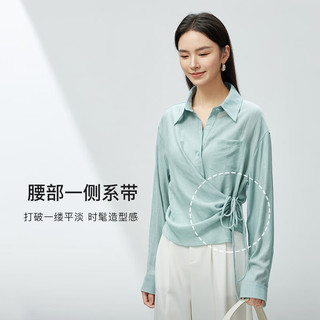 尚都比拉气质通勤小众衬衫女夏季落肩腰部一侧系带长袖衬衣 冰水蓝