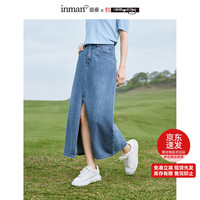 茵曼米雷系列开衩牛仔半身裙夏女百搭绣花A字显腿长裙子 牛仔蓝 XL