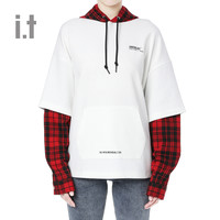 it :CHOCOOLATE女装连帽长t恤秋季假两件格纹拼接1945XFF