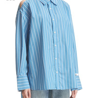 it izzue女装条纹长袖衬衫休闲秋季清爽时尚镂空衬衣8128F3L