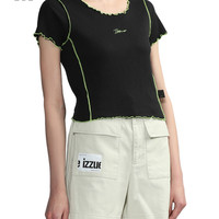 it izzue女装合身短袖T恤休闲夏季潮流少女撞色边饰上衣1150U