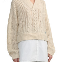 it izzue女装纯色V领针织衫休闲冬季慵懒复古绞花毛衣4123W3L