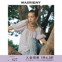 MAXRIENY方领印花雪纺衫夏复古半袖上衣宽松显瘦 紫花