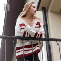 it b+ab女装针织毛衣春季时尚个性宽松落肩V领条纹亮片饰0309IC