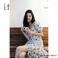 it b+ab女装方领连衣裙季复古法式收腰中长裙3U1230IK