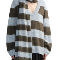 it b+ab女装V领条纹针织衫休闲冬季时尚配围巾宽松毛衣381ASL