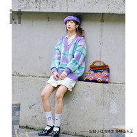 it b+ab女装V领格纹针织衫冬季复古时尚毛绒毛衣3237IJ