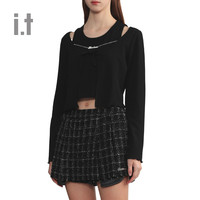 i.t MUSIUM DIV.女装假两件金属链辣妹露脐荷叶边长袖T恤0028