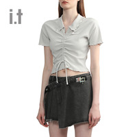 it MUSIUM DIV.女装短款短袖T恤2024夏季辣妹风抽褶上衣00469