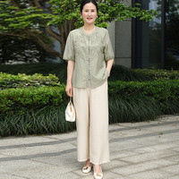花极雅装套装夏装2024中老年女装新中式50-60岁时尚洋气雪纺小衫t恤 绿色短袖+米色九分裤 5XL 145-160斤