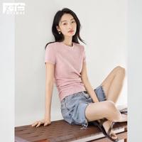 2024夏装纯色轻盈包裹侧腰捏褶设计正肩圆领女式短袖T恤