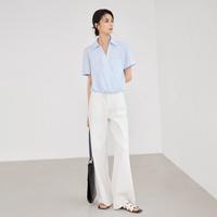 2024夏装纯色简约通勤下摆收褶不对称斜门襟女式翻领短袖衬衫