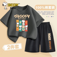 史努比男童t恤短袖夏季套装纯棉2024夏装中大童儿童运动上衣 彩条努比岩石灰+三只努比短黑裤 110cm