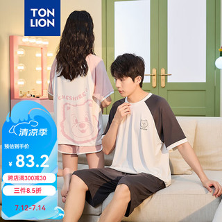 唐狮 TONLION2024圆领插肩袖格纹短袖短裤套装家居服TB 女款皮粉 S