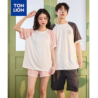 唐狮 TONLION2024圆领插肩袖格纹短袖短裤套装家居服TB 女款皮粉 S