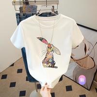 【兔子短袖t恤】2024夏装新女士时尚圆领减龄宽松套头上衣
