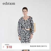 edition衬衫女新款复古黑白格立裁扭结收腰丝棉上衣甜酷风 黑白格色