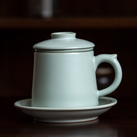 汝道 描金汝窑办公杯可养开片带过滤手柄陶瓷茶杯办公室泡茶杯茶水分离杯个人杯礼盒装 汝窑龙雀杯四件套450ml