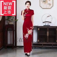 高档轻奢品牌重磅真丝桑蚕丝红色走秀旗袍春夏婚礼气质长款喜婆婆婚宴刺绣醋酸段喜婆婆婚宴 酒红色 L