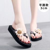 Dwayne 夏季2021花朵人字拖女外穿时尚百搭海边沙滩鞋夹脚滑凉鞋 3cm黑鞋黄色花 36 (拍大一码,脚胖脚宽拍大两码)
