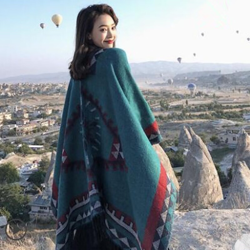 朗琦威尊民族风空调房披肩女加厚围巾西藏旅游斗篷式披肩两用外搭潮外搭 异域风情 60-80cm