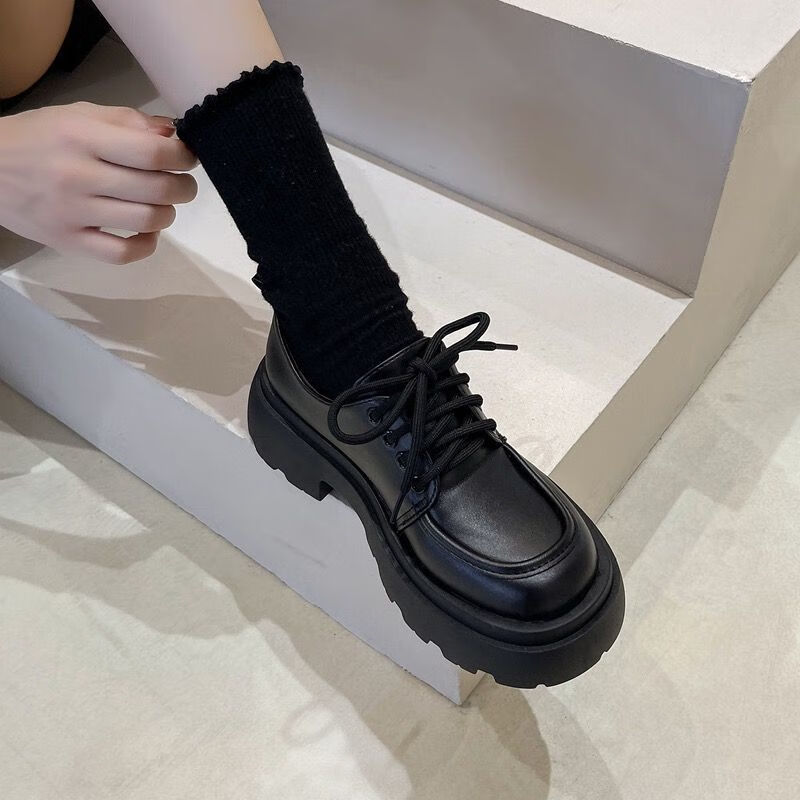 花丫花丫小皮鞋女2024春秋女鞋厚底增高复古英伦风jk鞋子女黑色配裙子系带 黑色哑光【37码】