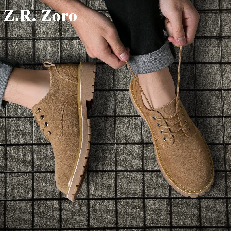 Z.R.Zoro品牌马丁靴男2024夏季低帮休闲皮鞋男英伦风工装鞋男厚底男鞋 棕色平底款  38 皮鞋码