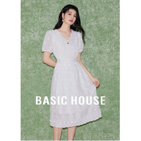 百家好(Basic House)蕾丝刺绣连衣裙短袖A字花边小白裙中长款B0624B5L362 白色 M