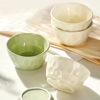 千屿 奶油风米饭碗手捏纹陶瓷碗可微波小汤碗家用餐具4.7英寸2个装