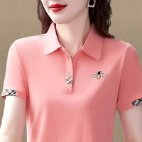 邦奥瑞达女士POLO衫提花翻领短袖t恤女夏季2024洋气宽松休闲上衣小衫 6608粉红 5XL(150-165斤）